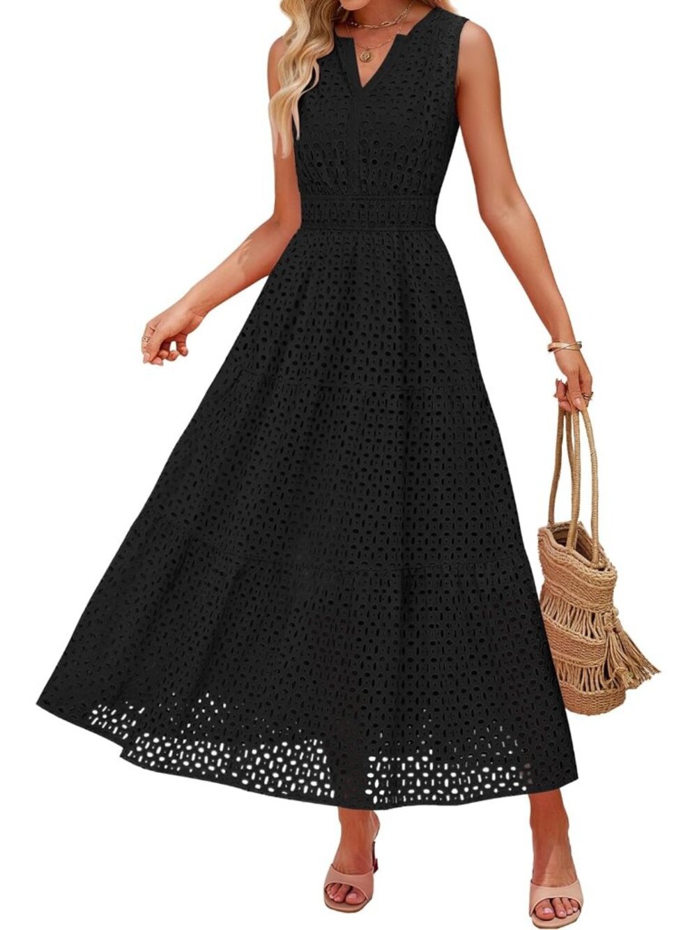 Women's Black Sleeveless V Neck Hollow Out Imported Casual Long Maxi Dress